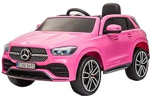 FINOOS Mercedes GLE Elektroauto für Kinder, 12V, elektrische Kinder elektroauto mit Fernbedienung, Gummireifen, Ledersitz, Hupe, LED, Musik (Rosa)
