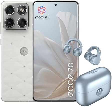 Motorola edge 70 e moto buds loop con crystals by Swarovski®(12/512GB, Doppia fotocamera 50MP+flicker cam, selfie 50MP, sottile 5.99mm, 4800mAh, Display 6.67" 120Hz, Android 16) PANTONE Cloud Dancer