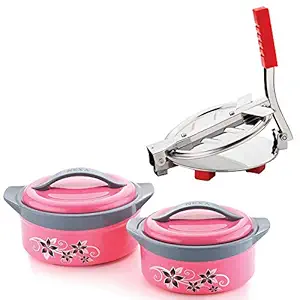 Primelife Stainless Steel Puri Machine, Puri Press, Rti/Papad/Khakhra/Chapati Maker & Inner Steel Hot-Pot Casserole 1500ml, 2500ml Kitchen Combo - Multicolor (Puri Press and 1500ml, 2500ml Royal)