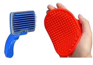 PSK PET MART Dogs/Cats Grooming and Deshedding Combo Pack Plastic Slicker Brush and Hair Massager Groomer Hand Glove