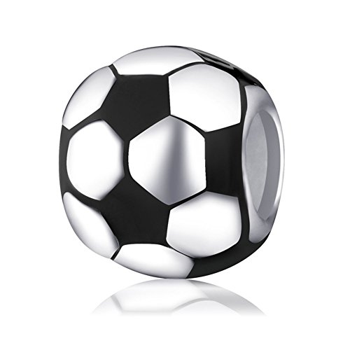 Soulbead con ciondolo a forma di pallone da calcio smaltato bianco e nero-Bead in argento Sterling 925 per braccialetto stile europeo