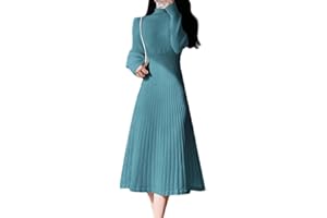 DNINMIM Women's Turtleneck Casual Midi Knitted Sweaters Dress Autumn Winter A-Line Pleated Dresses Robe