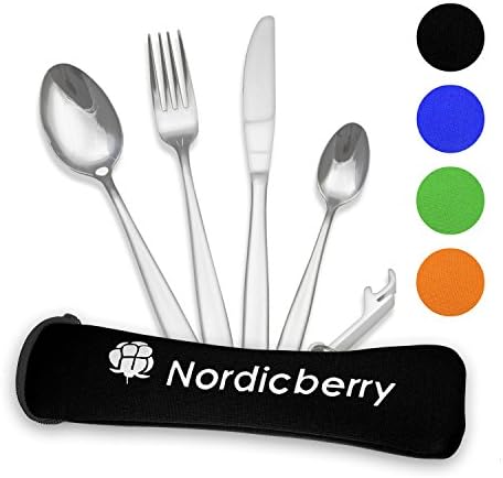 Nordicberry Premium Outdoor Travel and Camping Cutlery Set made of Stainless Steel with Neoprene Case - Ideal for travelling and on the Go