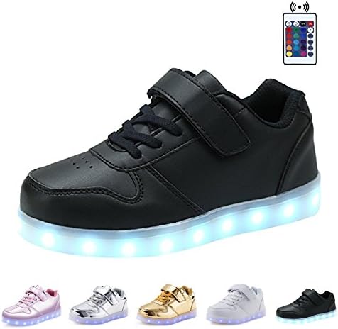 KEALUX Shiny Night USB Charging 7 Colors Lace Up Light Up LED Shoes Low Top Sport Sneaker With Remote Control For Kids Boys and Girls-27(Black)
