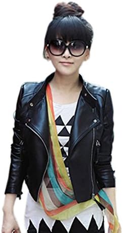 Women Girls Slim Fitted Zip up Long Sleeve Faux Leather PU Punk Biker Motorcycle Jacket (XL)