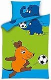 Aminata Kids - Lizenz Kinder-Bettwäsche Sendung mit der Maus 100x135 cm Baumwolle Bettwäsche kleiner blauer Elefant hellblau mit Fussball
