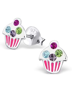 Bungsa© Kinder-Ohrstecker CUPCAKE aus STERLING SILBER 925 - süßes Ohrringe Set mit KRISTALL TÖRTCHEN für Damen...