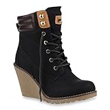  Damen Keilstiefeletten Schnür Stiefeletten Profilsohle Schuhe 144613 Schwarz Berkley 37 Flandell