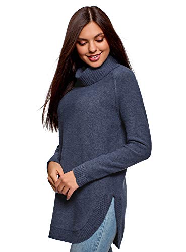 oodji Collection Mujer Jersey Largo con Cuello Voluminoso, Azul, ES 36 / XS