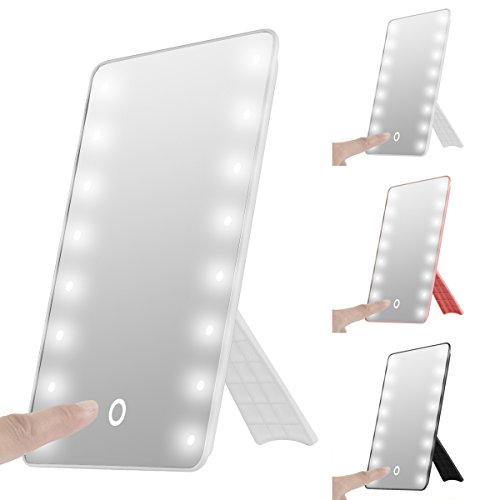 Oenbopo Faltbarer, LED-beleuchteter Kosmetikspiegel mit Licht, Smart-Touch, aufstellbar, mit 16 LED beleuchteter Kosmetikspiegel, für Make-up/Kosmetiktisch, schnurlos, Spiegel für Zuhause, Reise, Büro weiß