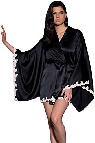 Sexy Lingerie - Elegant Black Silk Kimono Pajama Sleeve V Neck Gown Pajamas Mini Lingerie