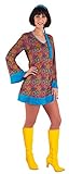 60er Jahre Hippie Kostüm Damen Flower-Power Kleid türkis-bunt mit V-Ausschnitt, langen Trompetenärmel. Mehrfarbiges Kleid mit Haarband.