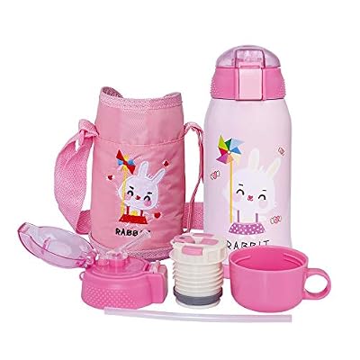 ISIYINER Gourdes d'eau Enfant Bouteille d'eau Isotherme en Acier Inoxydable, Tasse à eau Thermale avec Poche pour les Voyages,Café de Tasse thermos l'école et les Activités de Plein air 550 ml / 15 oz, Rose