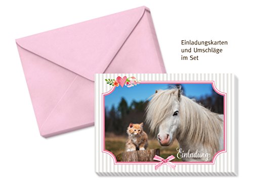 8er oder 15er Set (inkl. Umschläge): Einladungskarten „Pferd & Katze“ für den Kindergeburtstag oder anderen Anlass – hochwertige Geburtstagseinladungen für Mädchen, Kinder, Pferde-Fans - 5