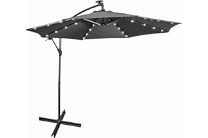 Mondeer Cantilever Parasol with Solar LED Lighting, 3m Garden Umbrella with Cover Aluminium Waterproof UV Protection Height Adjustable Crank Handle for Outdoor Garden Patio (Grey)