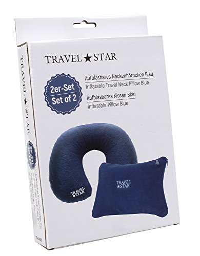 2er Set: Aufblasbares Nackenhörnchen + Kissen mit Fleece-Bezug (Blau) (TS-N-4000) - 7