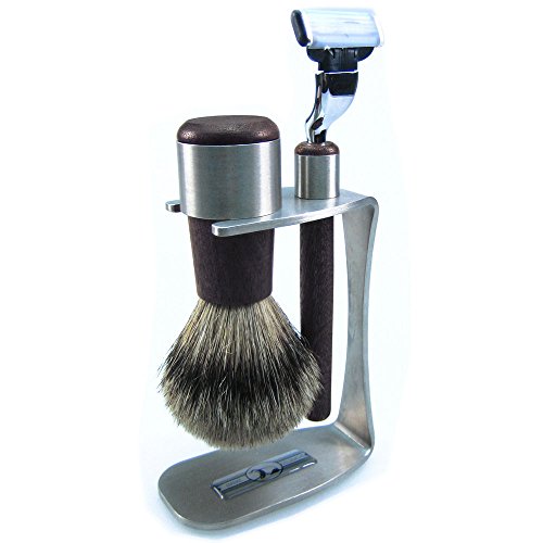 SHAVING SET 3-PIECE, STAINLESS STEEL WITH WENGE, BRUSH WITH BADGER PLUCK HAIR