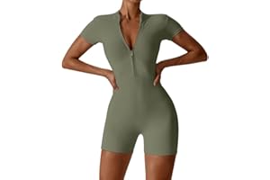 Litthing Mono Deportivo Mujer Corto Ropa Deportiva con Cremallera Elásticos Mangas Cortas Jumpsuit Sexy Ajustado Bodysuit Una Pieza Push Up Fitness Body Overol
