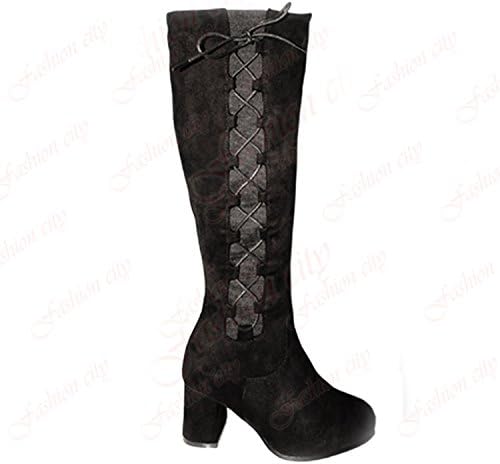 Ladies Zig Zag Rope Ties Suede Knee High Mid Low Heel Smart Biker Riding Boots (UK {4}, Black [HB06])