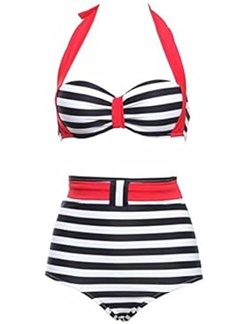 PU&PU Bikini di Halter della spiaggia delle donne due pezzi costume da bagno Vintage Blue stripes Alta vita spingere...