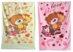 JBG HOME STORE Cartoon Printed Towels for Kids Babies Toddler Pack of 2 | Quick Drying and Absorbant Cotton Bath Towels | Soft Towel for Unisex Little Boys and Girls, 60 x 120 cm, Peach and Pink