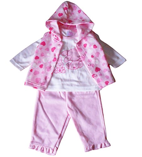 3-6 months - Baby Girls Outfit - Gorgeous Pink Love Hearts Hooded Gillet Bodywarmer with White Bunnies Print Long-Sleeved Top and Comfy Trousers Set / Babies Clothes