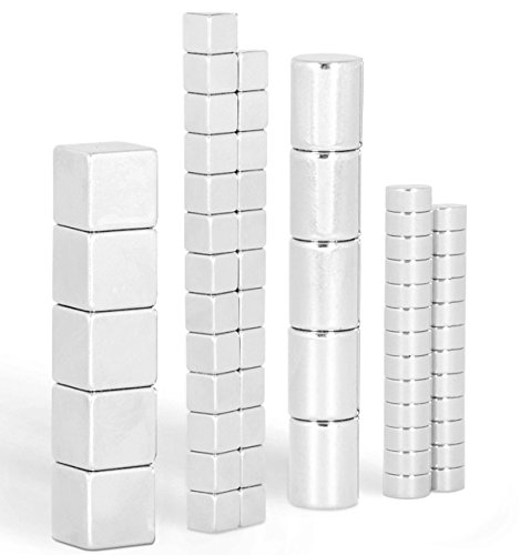 Magnet Mix Set – 60 Super Starke Neodym Magnete im Mix / 5 Würfel (10mm) + 5 Zylinder (8x10mm) + 25 Scheiben (6x3mm) + 25 Würfel (5mm) / Ideal für Whiteboards und Glasmagnettafeln