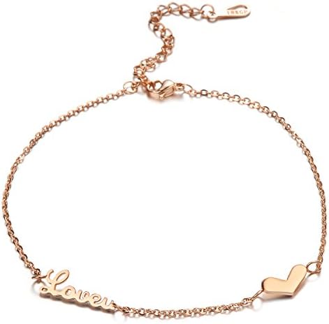Women's Rose Gold Gutcandie Stainless Steel Heart Love Loveu Pendant Anklet Ankle Chain Ankle Bracelet Chain Summer Beach Foot Jewellery for Women Girls