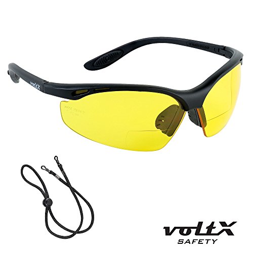 voltX ‘CONSTRUCTOR’ BIFOKALE Schutzbrille mit Lesehilfe CE EN166F zertifiziert/Sportbrille für Radler (GELB +1.5 Dioptrie) enthält Sicherheitsband – Bifocal Safety Glasses