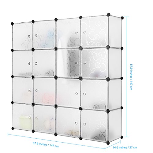 Finether Steckschrank Steckregal Regalsystem Steckregalsystem DIY Cube Regal mit Türen und Kleiderstange aus Kunststoff halb transparent 16 Fächer 147 x 147 x 37 cm | Wohnregal Stehregal Standregal Kleiderschrank Schuhschrank Aufbewahrungsregal für Kleidung Schuhe Spielzeug Bücher - 7