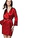 Produktbild Damen Morgenmantel Kimono Bademantel Satin Nachthemd Nachtwäsche Schlafanzüge mit Blumenspitze Wein Rot L