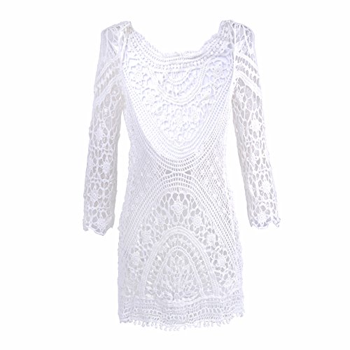ASSKDAN Damen Boho Spitze Nackten Rücken Bikini Cover Up StrandKleid Sommerkleid One Size - 6