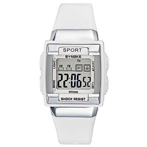 Souarts Junge Mädchen Armbanduhr Digital Display Sport Uhr LED Wecker Kalender Stoppuhr wasserdichte Quadratischer Zifferblatt Uhr Weiß