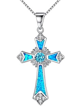 Arco Iris Schmuck Damen-Halskette Fleur-de-lis Keltisches Kreuz mit Anhänger Sterling Silber Blau und Grün Feueropal...