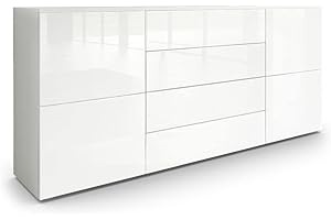 ‎VLADON Vladon Sideboard Rova, Made in Germany, Kommode mit 4 Türen und 4 Schubladen, Weiß matt/Weiß Hochglanz/Weiß Hochglanz (166 x 72 x 35 cm)