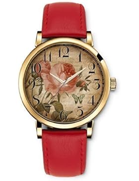 iCreat Damen Analog Armbanduhr Rot echte Leather Schnalle Schönes Zifferblatt mit Vintage Retro Blumen
