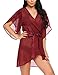 Produktbild Avidlove Damen Kleid Gown Kurz Dessous Kimono Spitze Weiter Ärmel Transparente Robe Mesh mit Gürtel und G-String Bikini Cover Up Spitze Sommer Bat Weiter Ärmel Dunkelrot L