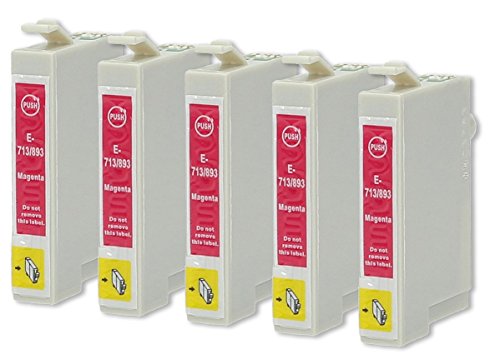 5 Druckerpatronen kompatibel zu Epson T0713 (Magenta) passend für Epson Stylus D-120 D-78 D-92 DX-4000 DX-4050 DX-4400 DX-4450 DX-5000 DX-5050 DX-5500 DX-6000 DX-6050 DX-7000-F DX-7400 DX-7450 DX-8400 DX-8450 DX-9200 DX-9400-F Office-B-40-W Office-BX-300-F Office-BX-310-FN Office-BX-510-W Office-BX-600-FW Office-BX-610-FW S-20 S-21