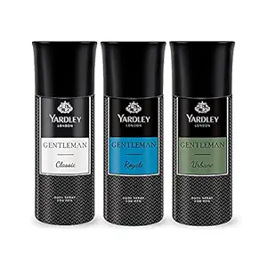 Yardley London Gentleman Range Deo Body Spray Tripack (Classic + Urbane + Royale) for Men, 150ml Each (Pack of 3)