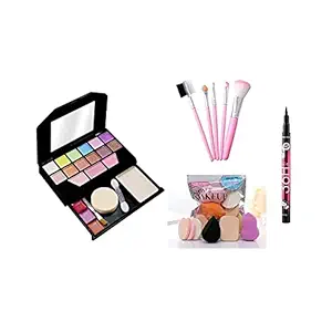 Womens and Girls TYA 6155 Multicolour Makeup Kit, 5 Pink Brushes Set with Storage Box, 6 Beauty Blender Sponges Pack with 1 YANQINA Liquid Liner - (Pack of 13)