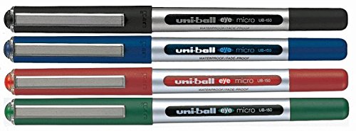 Uni-Ball Micro UB-150 Tintenroller, gemischte Farben, Schwarz, Blau, Rot, Grün, 4 Stück