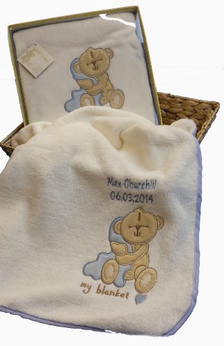 Personalised Embroidered Appliquéd Baby Pram / Moses Basket Blanket with name Newborn Boy Gift Gift Boxed
