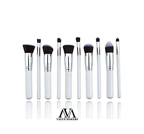 VALUE MAKERS 10Pcs Professional Makeup Brushes - Eyeshadow Makeup Brush Set - Powder Makeup Brushes Kit - Foundation Make Up Brushes - Blending Make Up Brush - Cosmetics Tools Kit + Makeup Brushes Case (10pcs, White Silver)