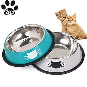 Cuencos de Gatito, 2 Piezas de Cuencos de Gato de Acero Inoxidable/Cuenco de alimentación de Gatos Antideslizantes/Cuenco Pintado de patrón de Gato Lindo con 2 cucharadas de Comida