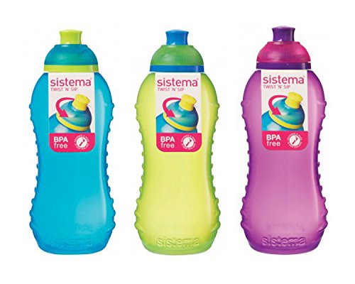 3 Sistema 330ml Drink Bottles, Aqua Blue, Lime Green, Pink 3 Sistema 330ml Drink Bottles, Aqua Blue, Lime Green, Pink