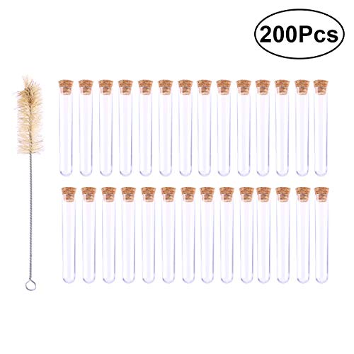 UKCOCO Tubos de ensayo de plástico 200OPcs con tapones de corcho y 1 cepillo para experimentos científicos