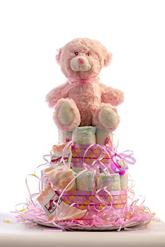 Tarta de pañales DODOT. Un regalo original para el bebé recién nacido incluyendo peluche, calcetines y toalla facial