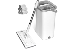 Masthome Mocio Lavapavimenti e Secchio Strizzatore, Mocio Piatto con 5 Panni in Microfibra, Manico Inox, Set Mocio e Secchio Lavapavimenti Doppia Vasca per Tutti i Pavimenti (Bianco)