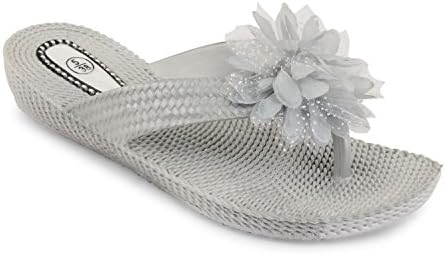 Womens Ladies Girls Flower Toe Post Sandals Summer Beach Flip Flops Shoes Size, Silver UK 5