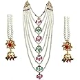 Bridal Hyderabadi Red/Green Ruby Satlada Long Princess Necklace with Jhumka Earrings in Cultured Pearls and Simulated Ruby Emerald beads for Womens & Girls